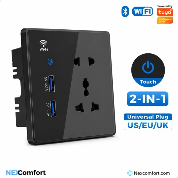 Smart WiFi Wall Socket 10A with Universal Plug & Dual USB Ports (QC 3.0)